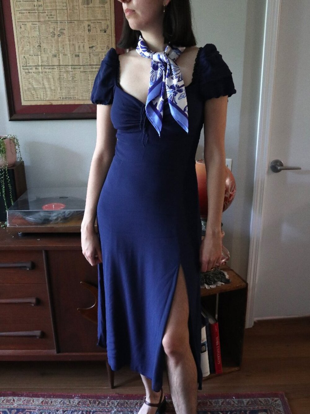 Navy Blue Wilfred Dress (Aritzia, Calf-Length, Midi, With Leg Slit)